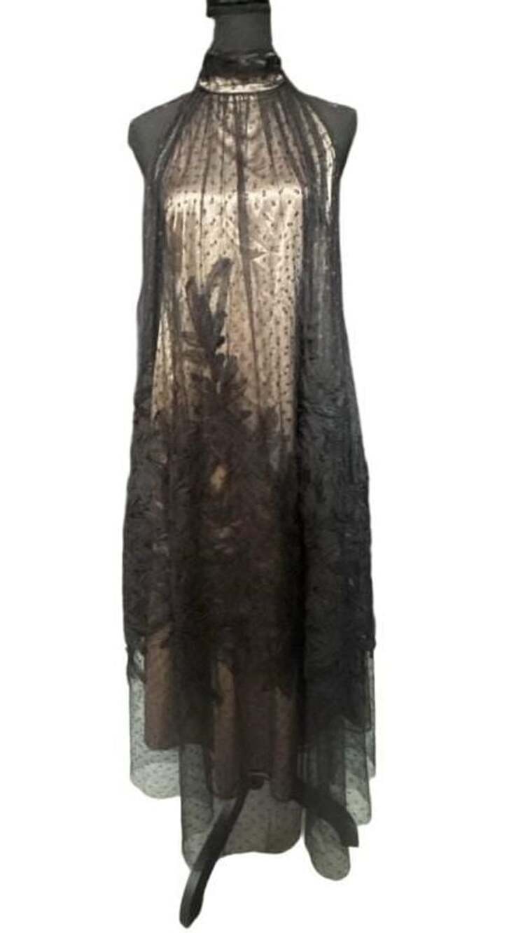 Alex Marie Halter Dress Size 4P Black Dot Mesh Overlay Maxi
